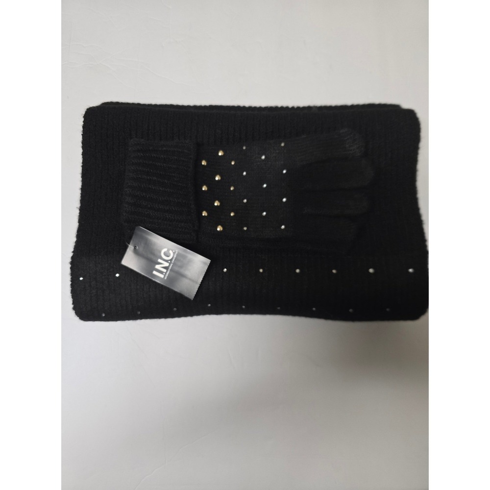 INC International Concepts Black Studded Convertible Wrap and Gloves Set NWT - Picture 2 of 8